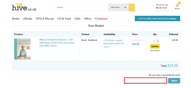 The checkout page showing where to apply your discount code
