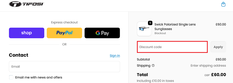 image showing the Tifosi checkout page with the "Discount code" box
