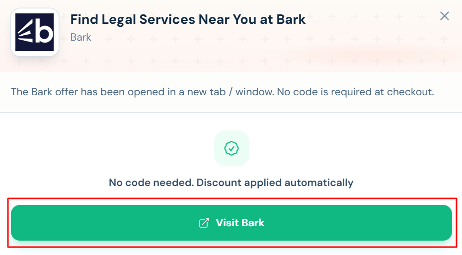 A Bark offer with "Visit Bark" in a red box