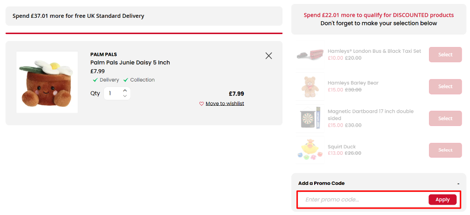 The Hamleys checkout page with the promo code box highlighted with a red box