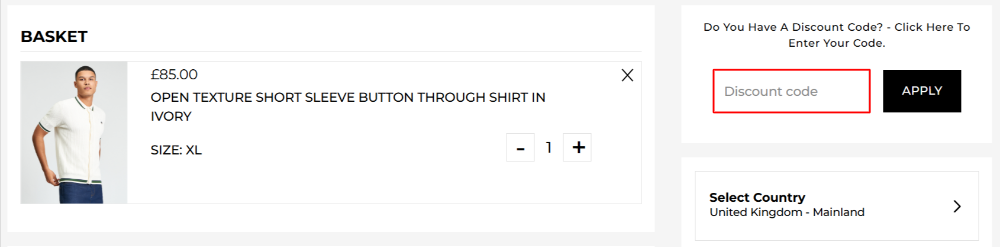 The Ben Sherman shopping basket page with where to paste the Ben Sherman discount code in a red box