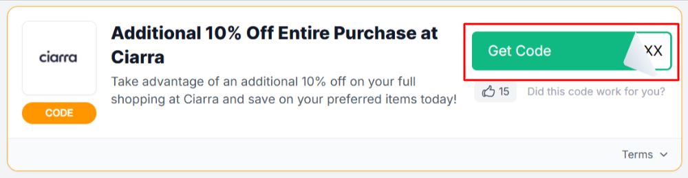A Ciarra voucher code with "Get Code" in a red box