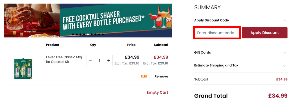 The DrinkSupermarket checkout page with where to paste the DrinkSupermarket voucher code in a red box