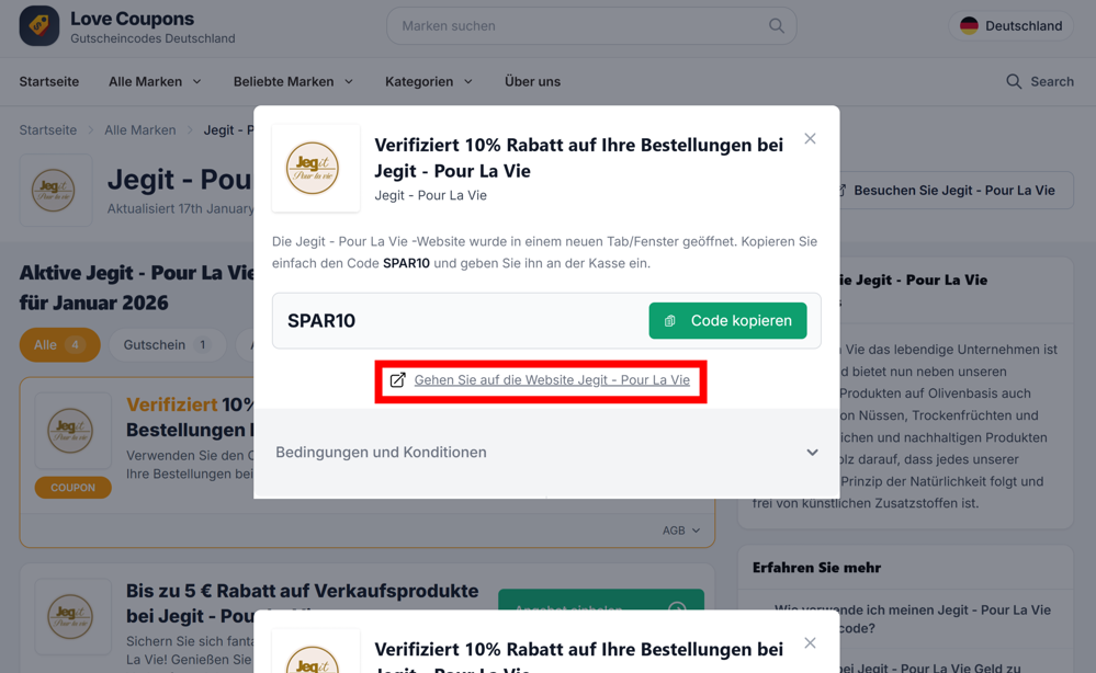 Ein offener Rabattcode für Jegit - Pour La Vie auf der Love Coupons-Seite