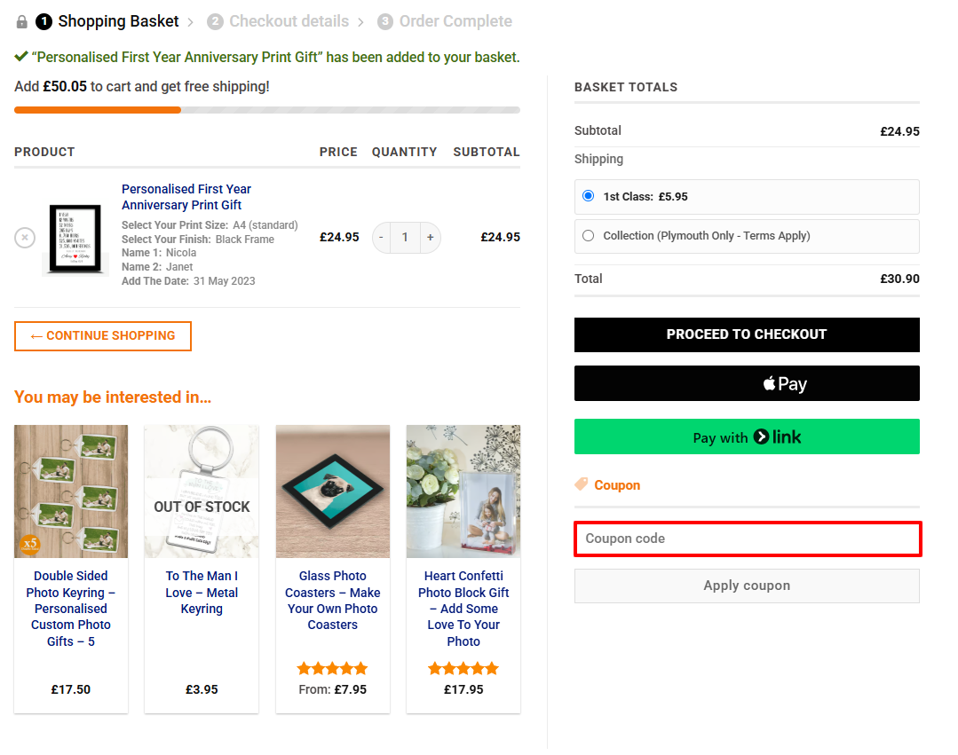 The ABC Prints checkout page with where to paste the ABC Prints voucher code in a red box.