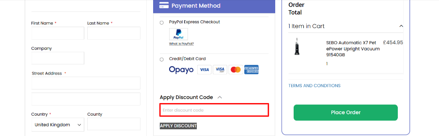 Applying a Go Electrical promo code at checkout in the discount box