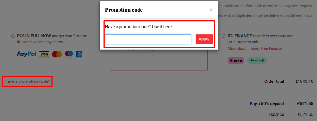 promotional code box from Designer Sofas 4U to paste your code in