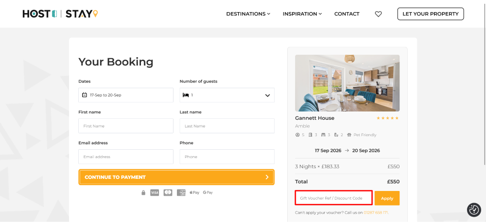 The checkout page for Host & Stay, where you paste the code