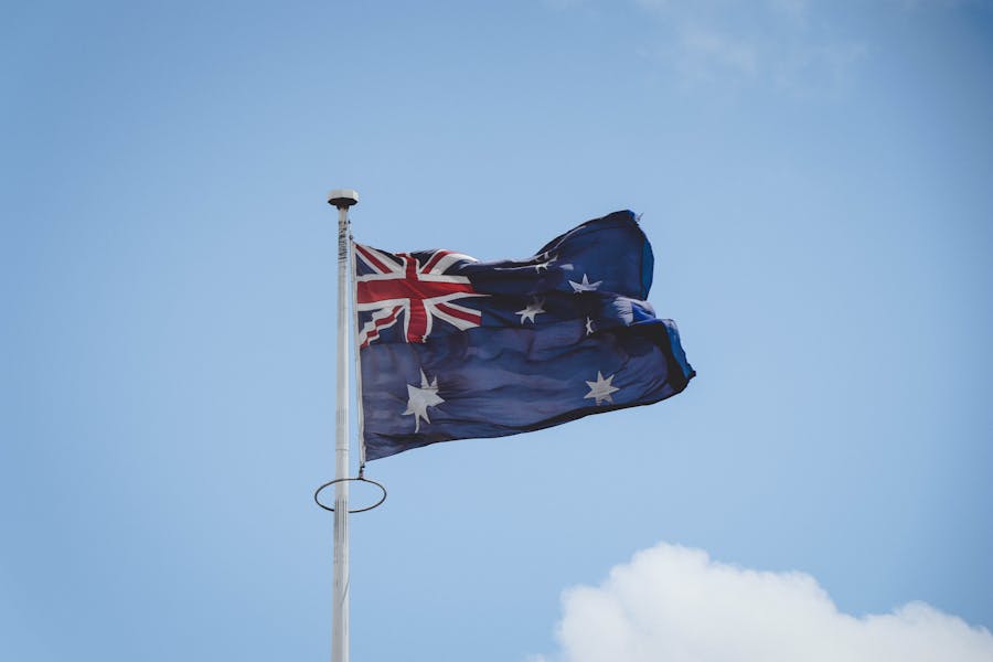 Australia's national flag on a pole in the sky