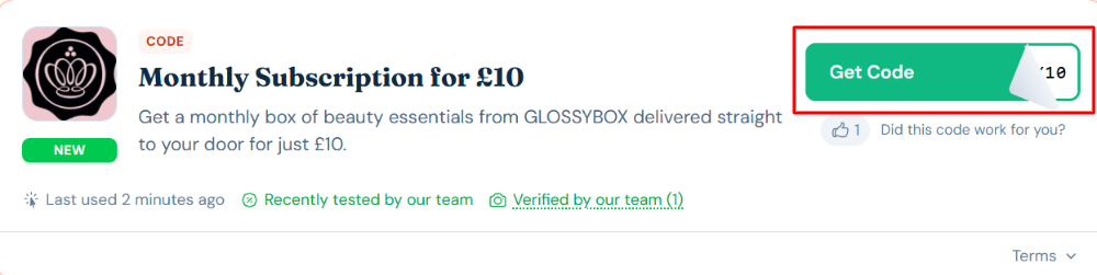 A GLOSSYBOX voucher code with "Get Code" in a red box