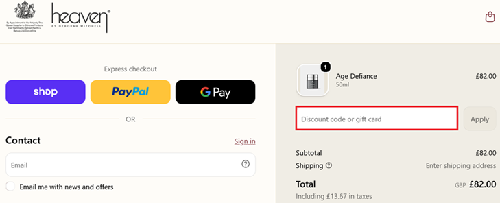 image showing the Heaven Skincare checkout page