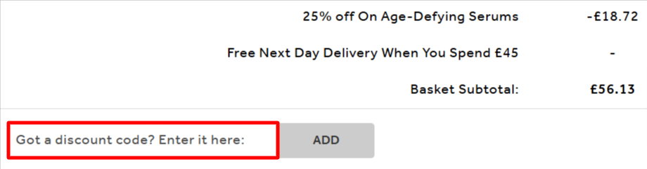 The No7 checkout page showing the subtotal of the basket and the discount code box highlighted with a red box