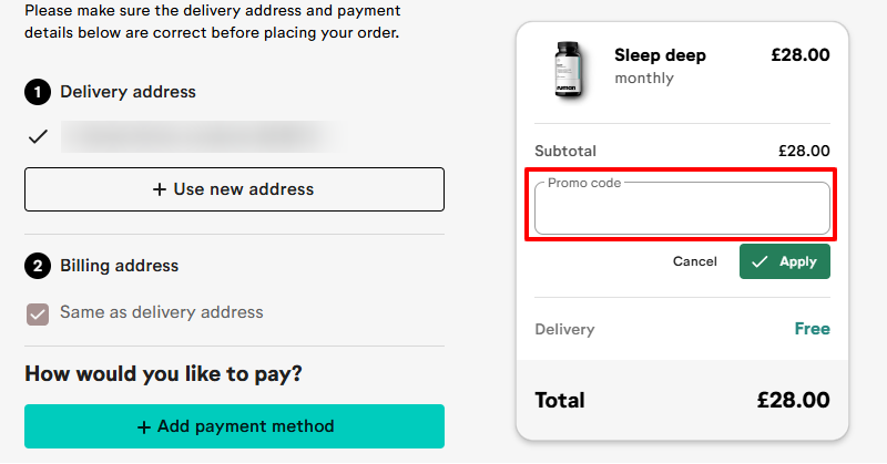 The Numan checkout page with where to paste the Numan voucher code highlighted in a red box.