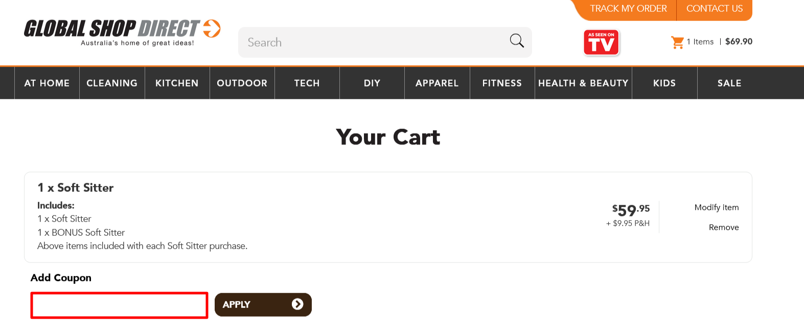 The Global Shop Direct checkout page is where to enter your code