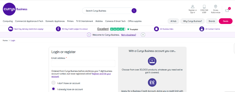 The Currys Business log in page