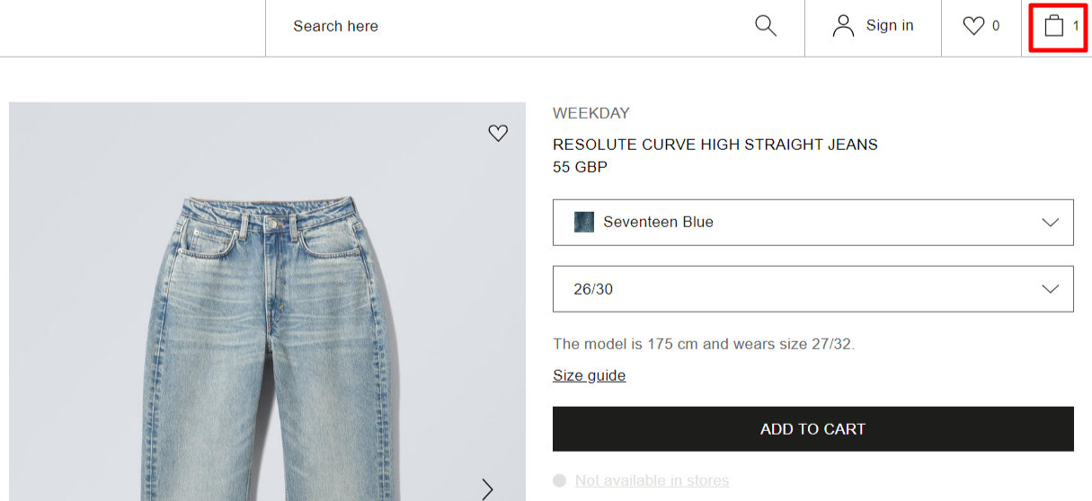 The WEEKDAY page showing resolute curve high straight jeans and the basket icon labelled by a red box.
