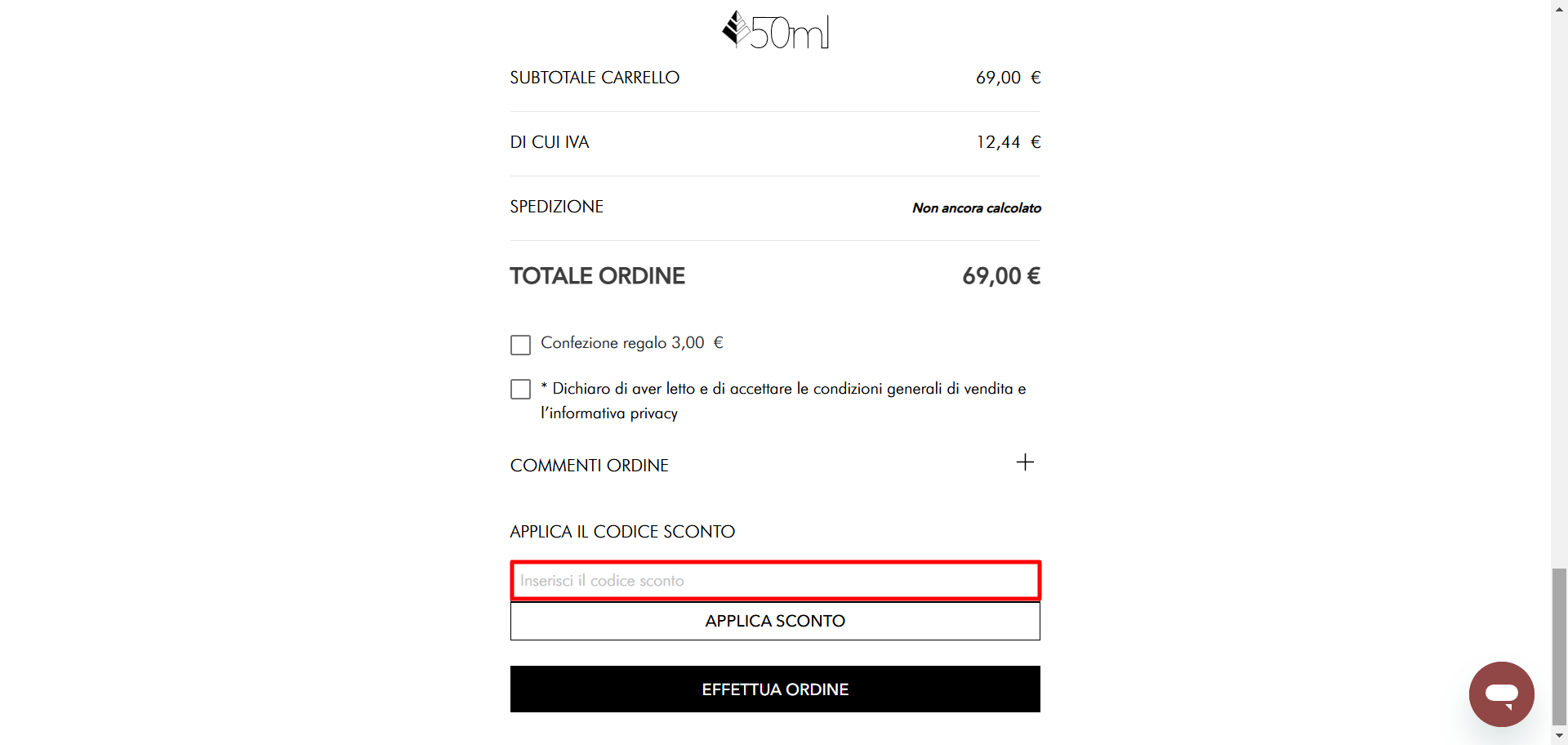 carrello virtuale del sito ufficiale 50ml dove poter inserire il codice sconto 50ml per risparmiare sui prodotti