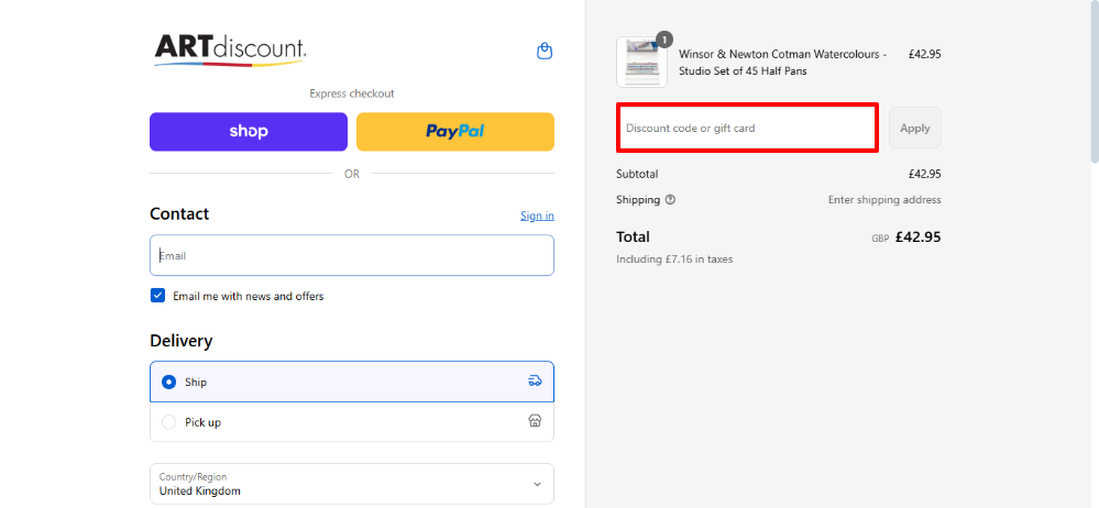 The checkout page showing where to apply your Art Discount discount code