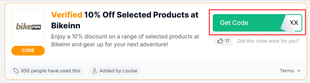 A Bikeinn discount code with "Get Code" in a red box