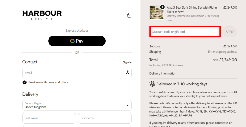 Harbour Lifestyle's discount code box highlighted with a red box on the checkout page