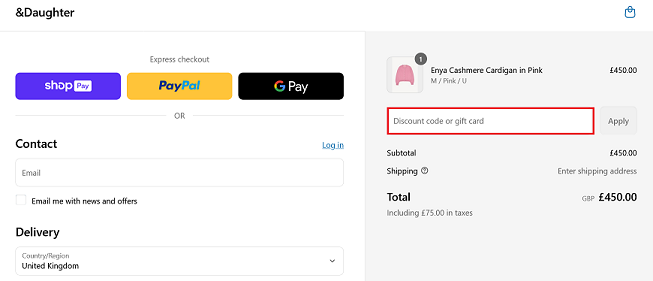 image showing the discount code box on the & Daughter checkout page