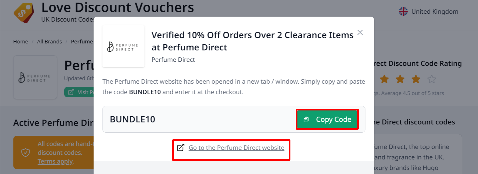 The red highlighted red box showing the link that automatically takes you to Perfume Direct website