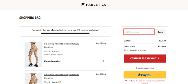 Fabletics discount code image with a higligted box for customers