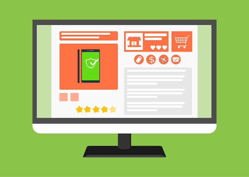 Grafik eines Monitors mit einer Online-shopping-Seite darauf