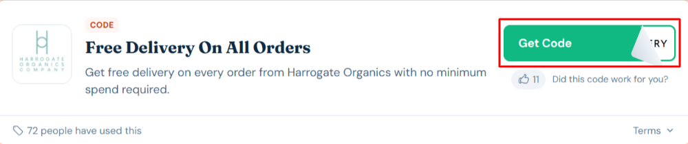 A Harrogate Organics voucher code with "Get Code" in a red box
