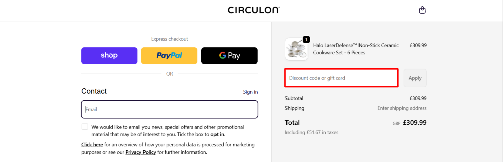 Applying a CIRCULON promo code at checkout to save on your order