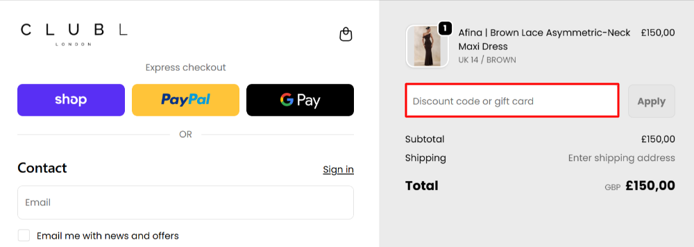 The Club L London checkout page with where to paste the Club L London discount code in a red box