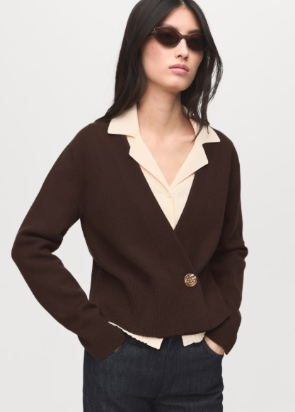 Cardigans for autumn: A model wearing the chocolate Jewel Button Crossover Cardigan