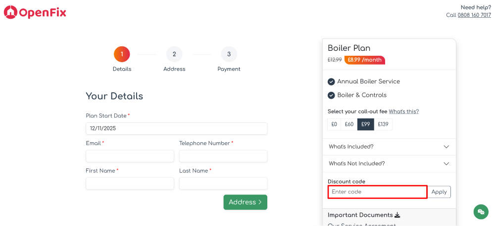 The checkout page for OpenFix, where you paste the code