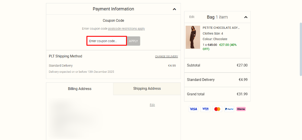 Payment information where you apply your PrettyLittleThing discount code