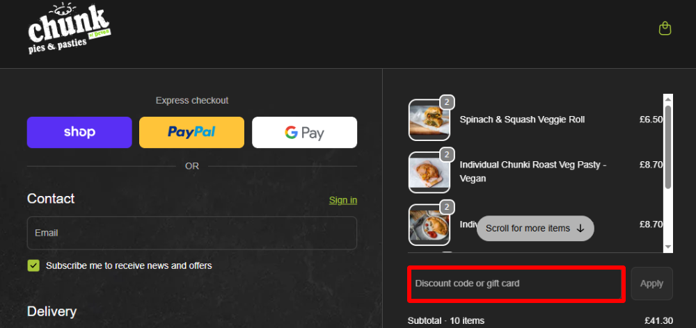 The Chunk of Devon checkout page with where to paste the Chunk of Devon voucher code in a red box.