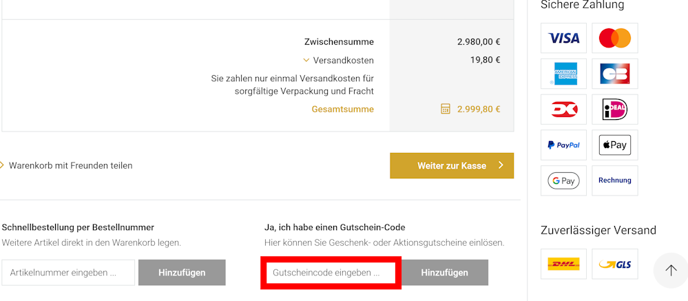 Warenkorb von Ars Mundi mit rotmarkiertem Eingabefeld für Gutscheincodes