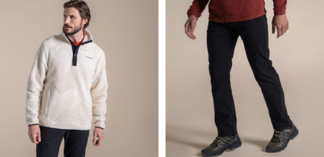two male models wearing CRAGHOPPERS fleece and trousers for hiking