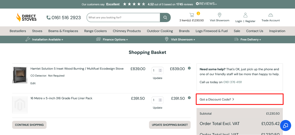 Direct Stoves checkout page