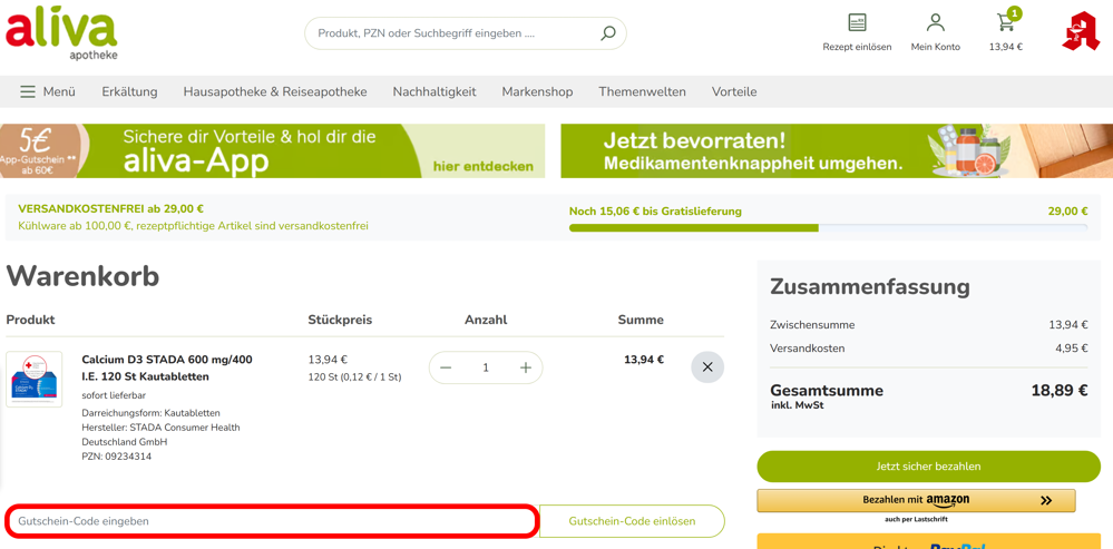 Warenkorb von Aliva mit rotmarkiertem Eingabefeld für Gutscheincodes
