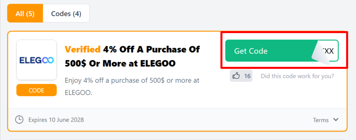 A ELEGOO coupon code for customers to use to save money 