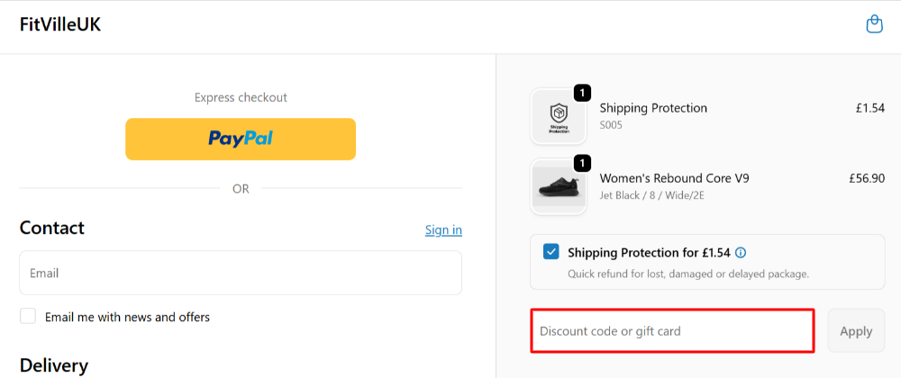The FitVille checkout page with where to paste the FitVille voucher code in a red box