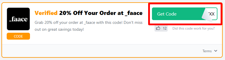 A _faace voucher code with "Get code" highlighted in a red box. 