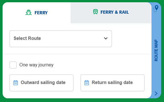Irish Ferries booking page where you select the route, travel dates, number of passengers, and vehicle details