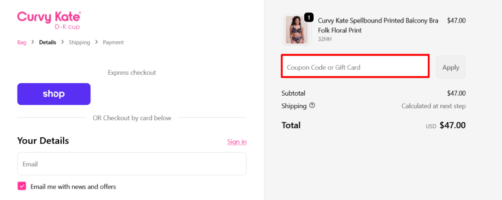 Curvy Kate checkout page where you enter a coupon code