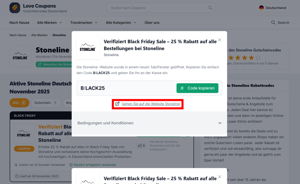 Ein offener Gutscheincode für Stoneline auf der Love Coupons-Seite mit rotmarkiertem Link