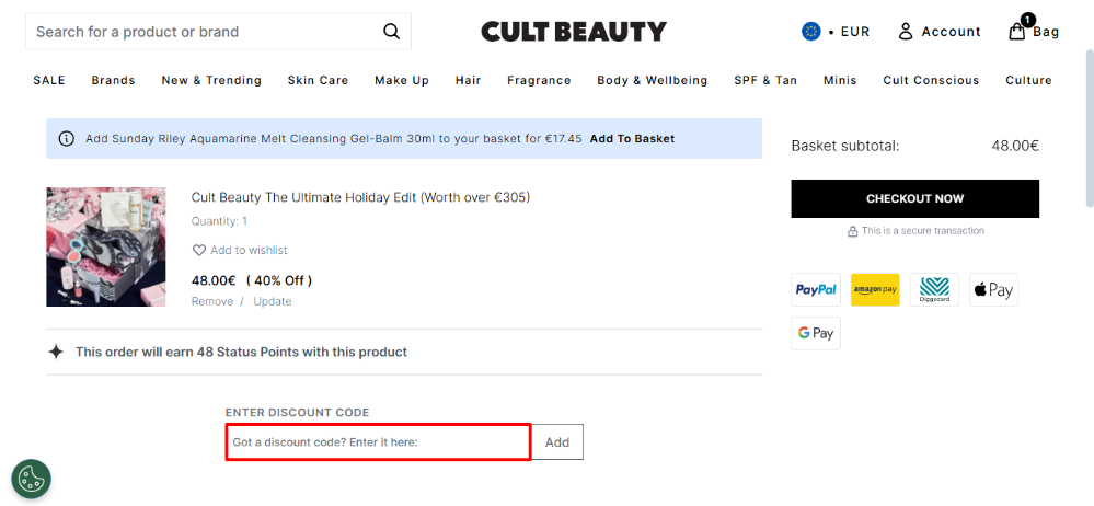 Shopping basket where you can see the Cult Beauty discount code box