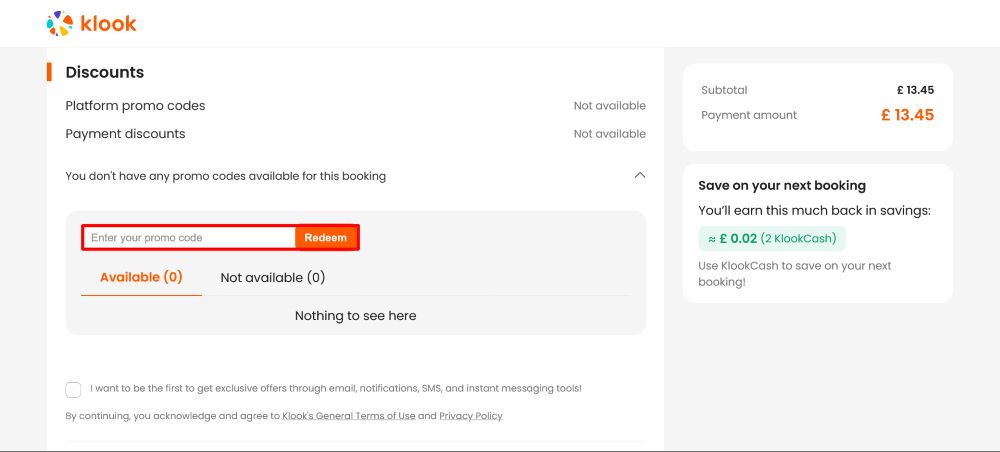 The checkout page for Klook, where you paste the code