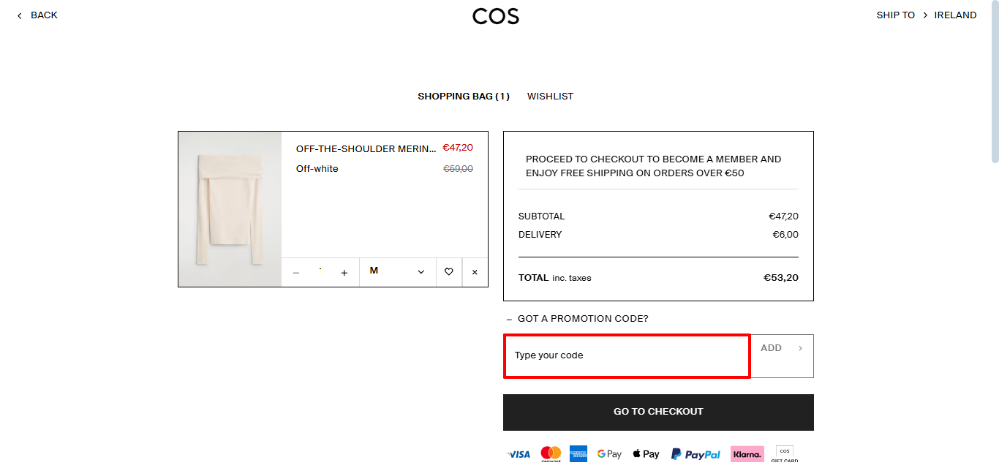 COS shopping bag where you need to apply your COS discount code