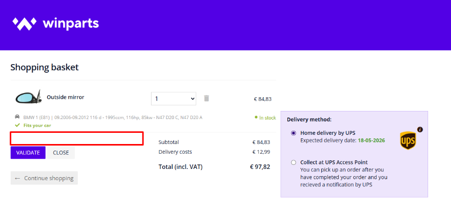 Winparts promo code box highlighted by a red rectangle