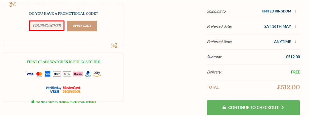 The FIRST CLASS WATCHES shopping basket page with where to paste the FIRST CLASS WATCHES discount code in a red box